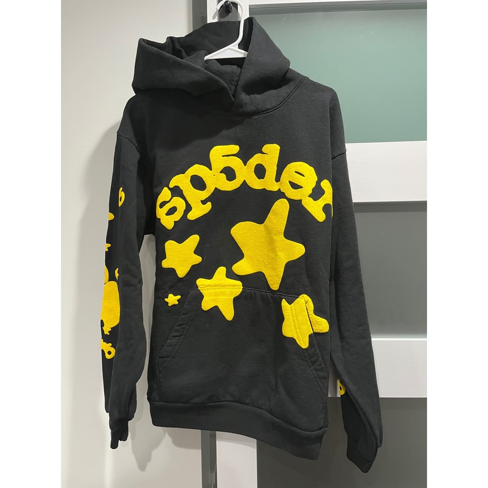 Sp5der Worldwide PUNK‎ Hoodie Black Yellow Puff Print Stars Size M 030-8176